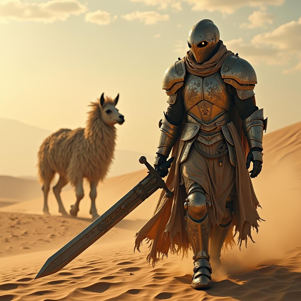 Medieval Cyborg Knight Trudges Across Desert Landscape