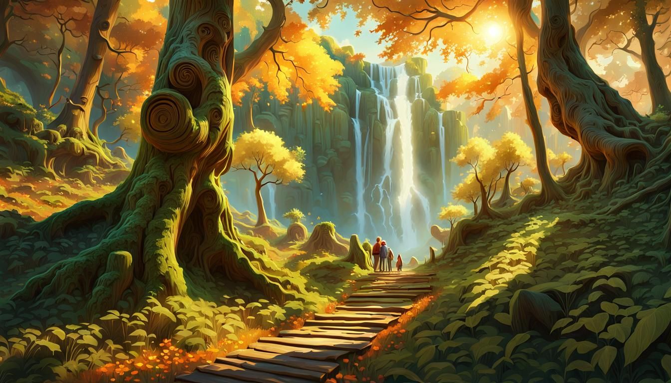 Fantasy Forest Path with Waterfalls, Digital Illustration