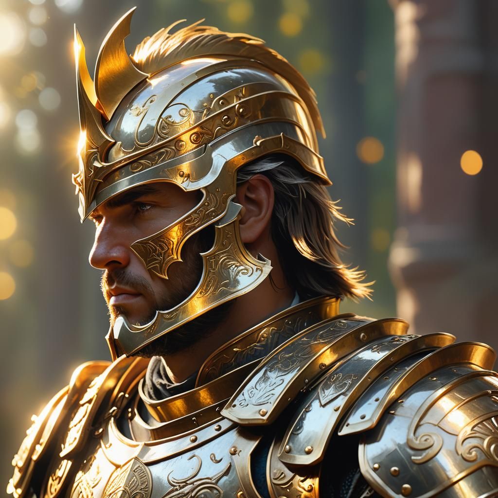 Paladin Warrior Portrait with Golden Armor, Digital Art