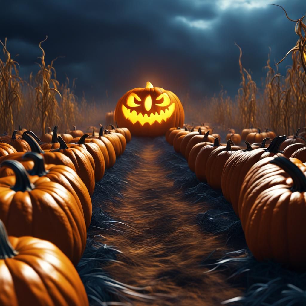 Scary Pumpkin Patch with Flames: Photorealistic Horror Lands...