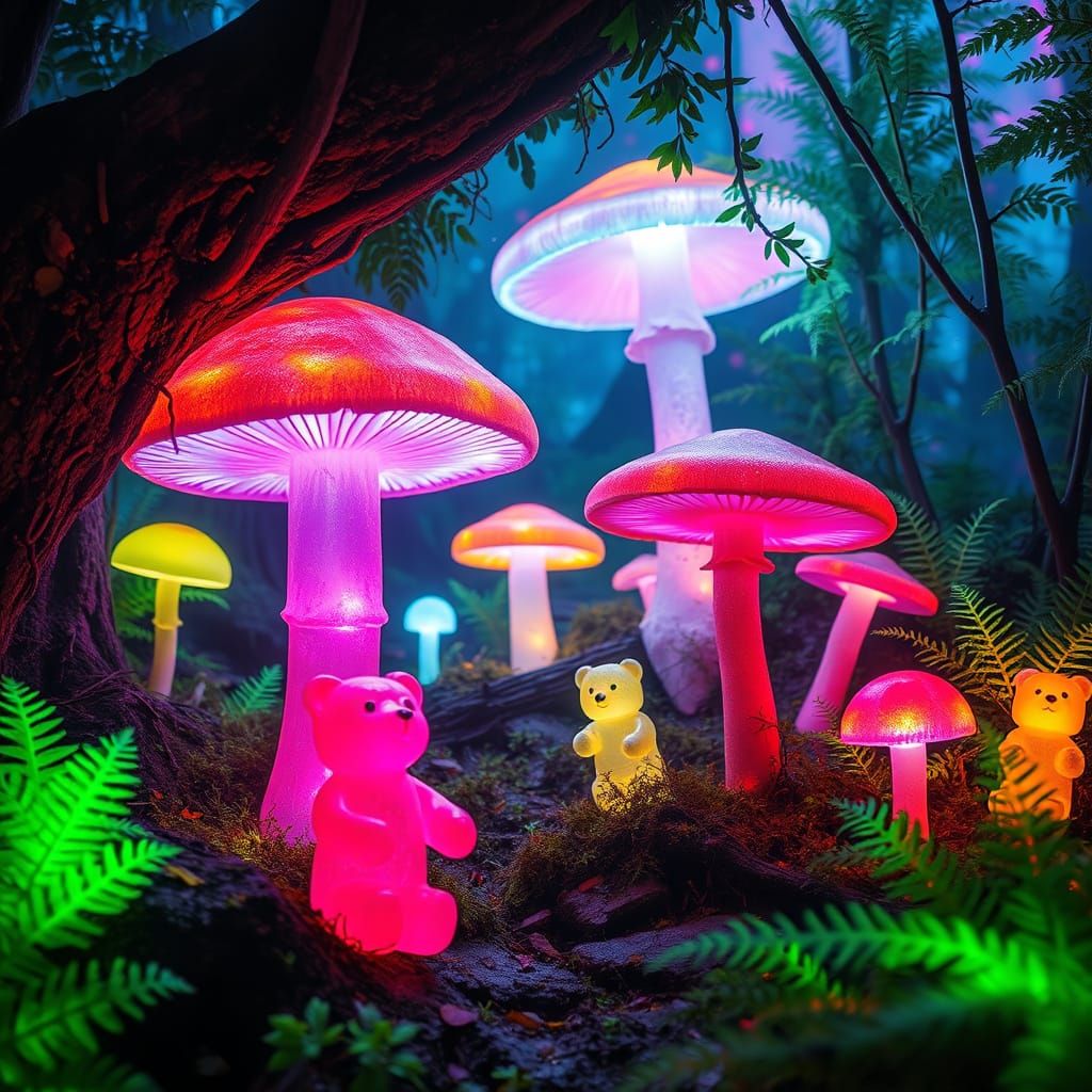 Mystical Forest of Glowing Mushrooms and Neon Ferns