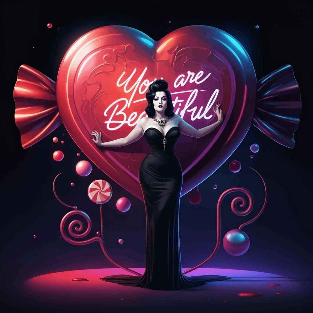 Sensual Goddess Embracing Vibrant Candy Heart Sculpture in C...