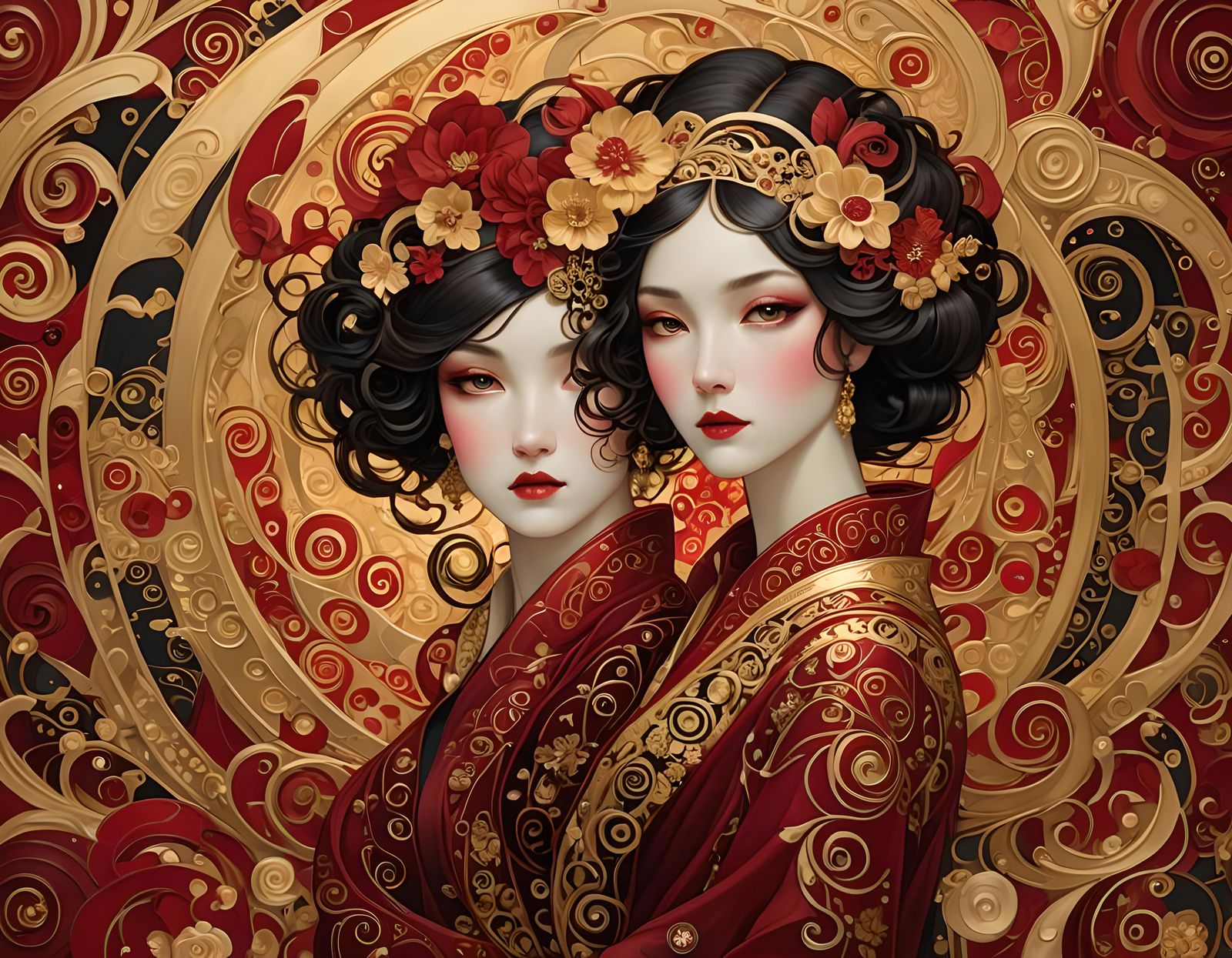 Crimson and Gold Art Deco Portrait