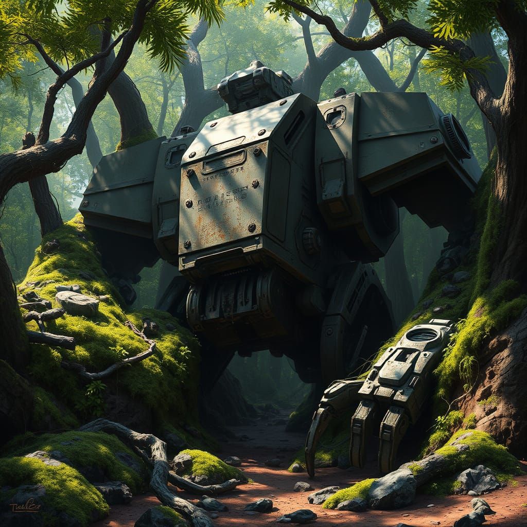 Ancient Mech in Mossy Earth - Hyperrealistic Concept Art