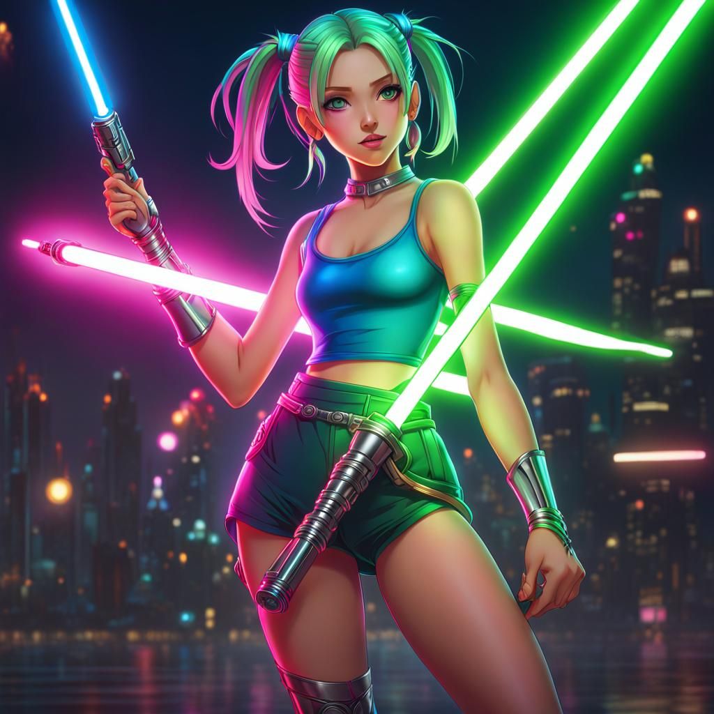 Cyberpunk Girl with Lightsaber in Neon Cityscape