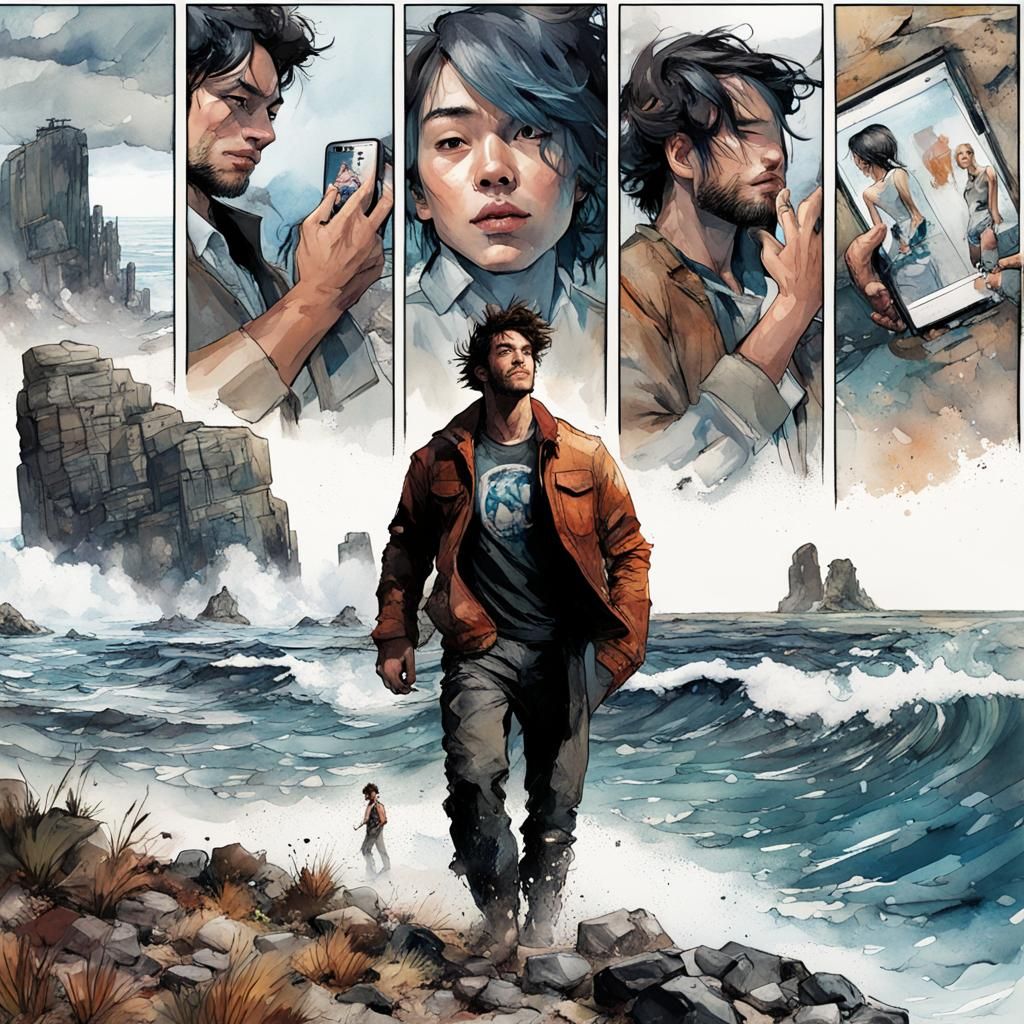 Man in Comic Book with Influencer, Watercolor Style