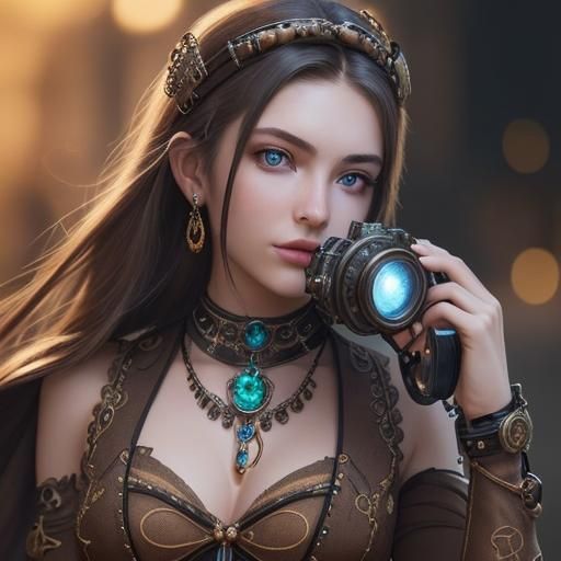 Gen Z Model with Steampunk Camera at Night