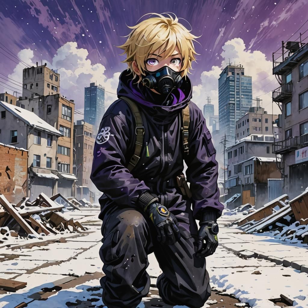 Cyberpunk Hazmat Scout in Abandoned Snowy City