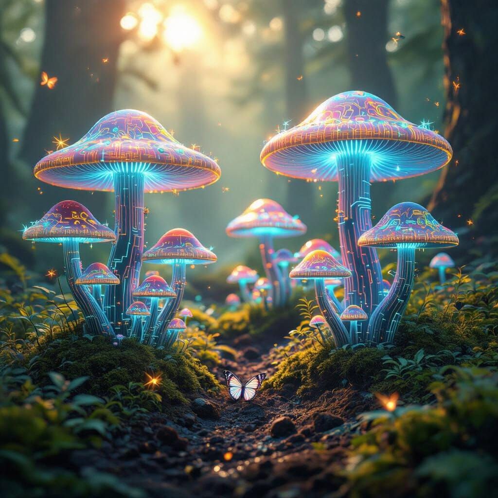 Bioluminescent Futuristic Forest Floor with Neon Circuit Mus...