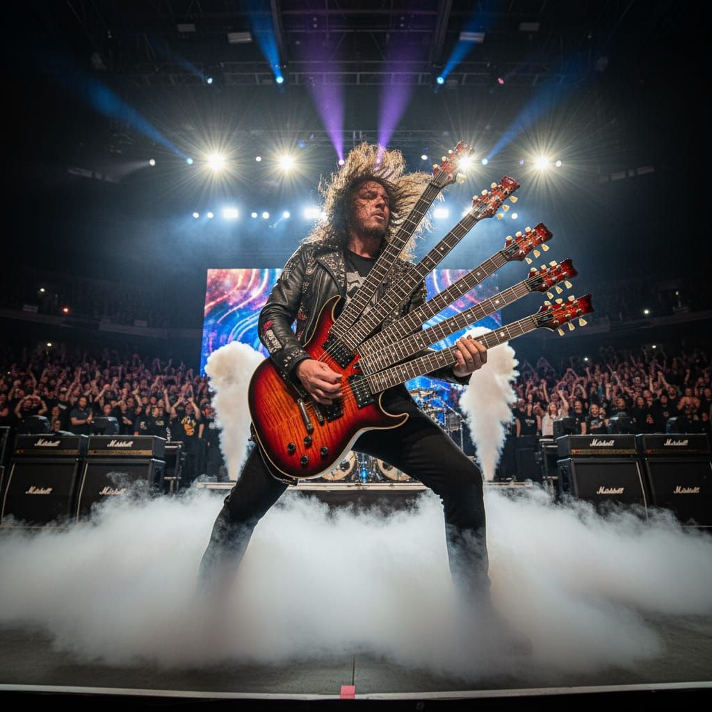 Four Neck Guitar Played by Rock Artist