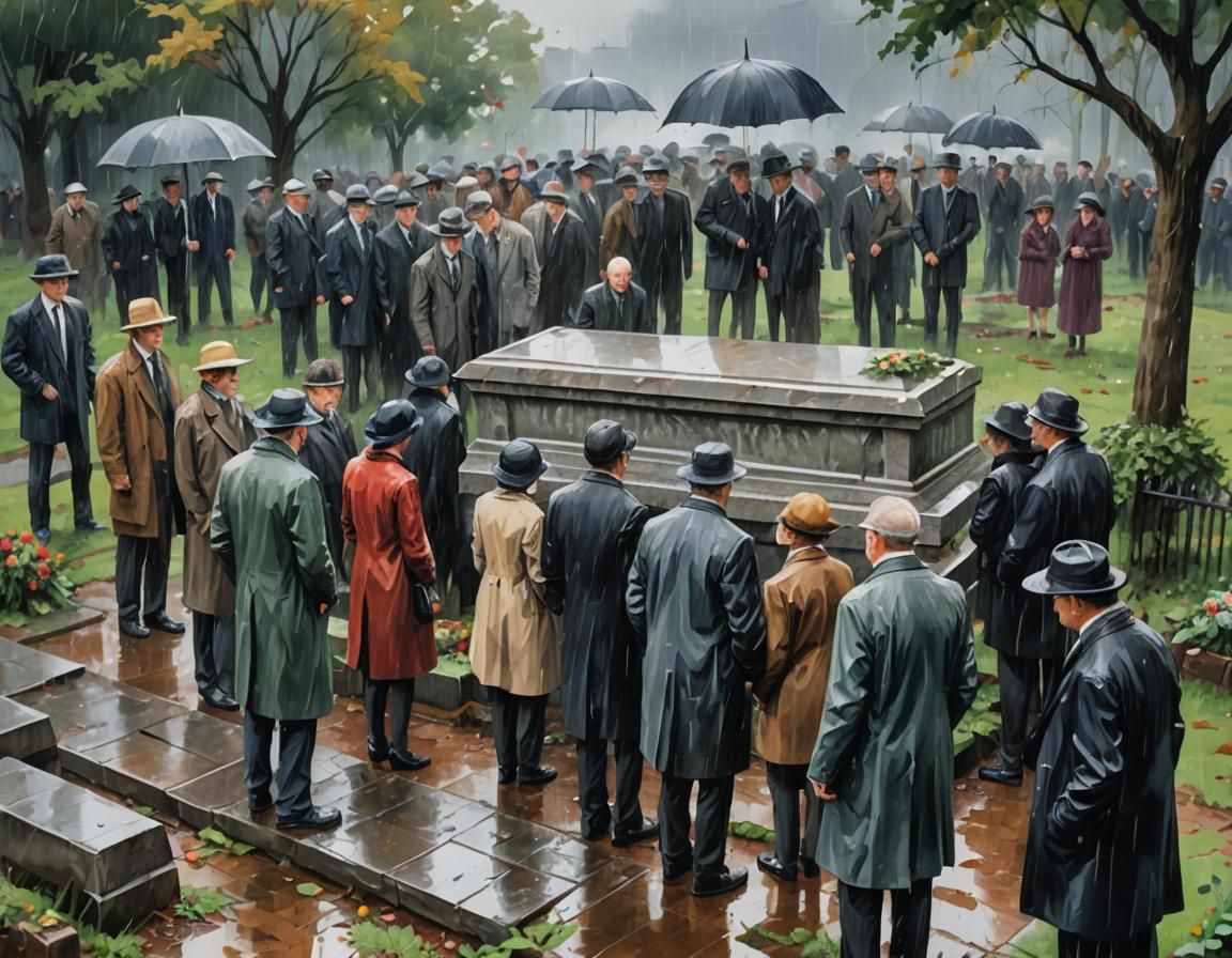 Rainy Funeral: Impressionist Gouache Painting in 8K