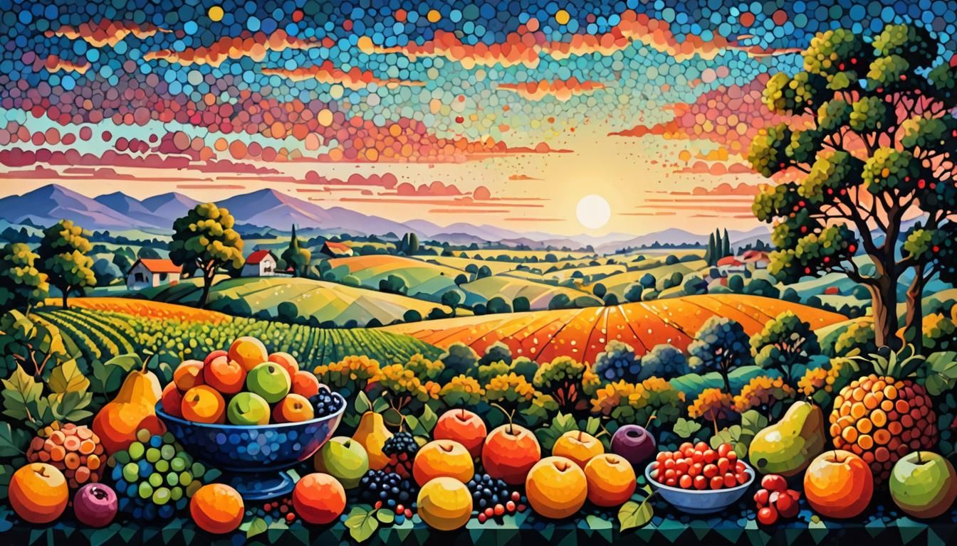 Pointillist Sunset Over Tranquil Countryside