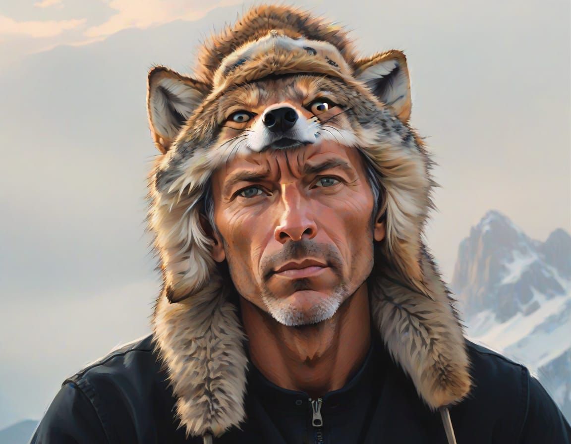 Coyote Wearing Fur Hat on Mountain Peak