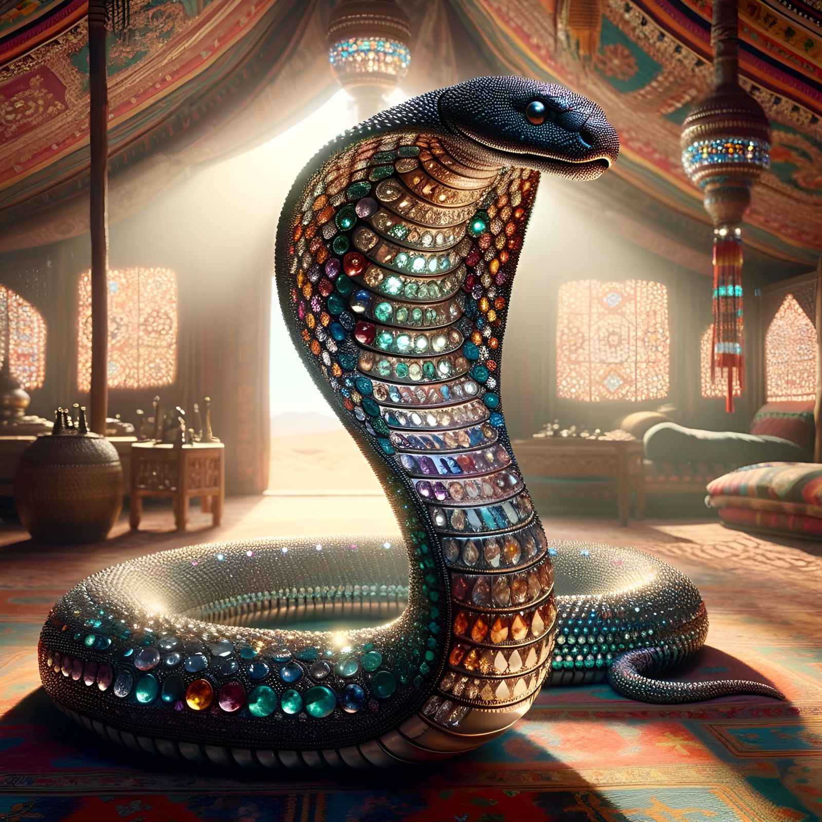 Bejeweled King Cobra in Nomad Tent: Digital Art