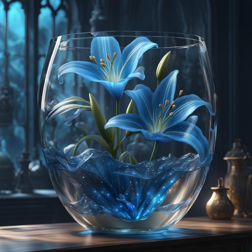 Transparent Blue Glass Lily in Detailed Matte Painting