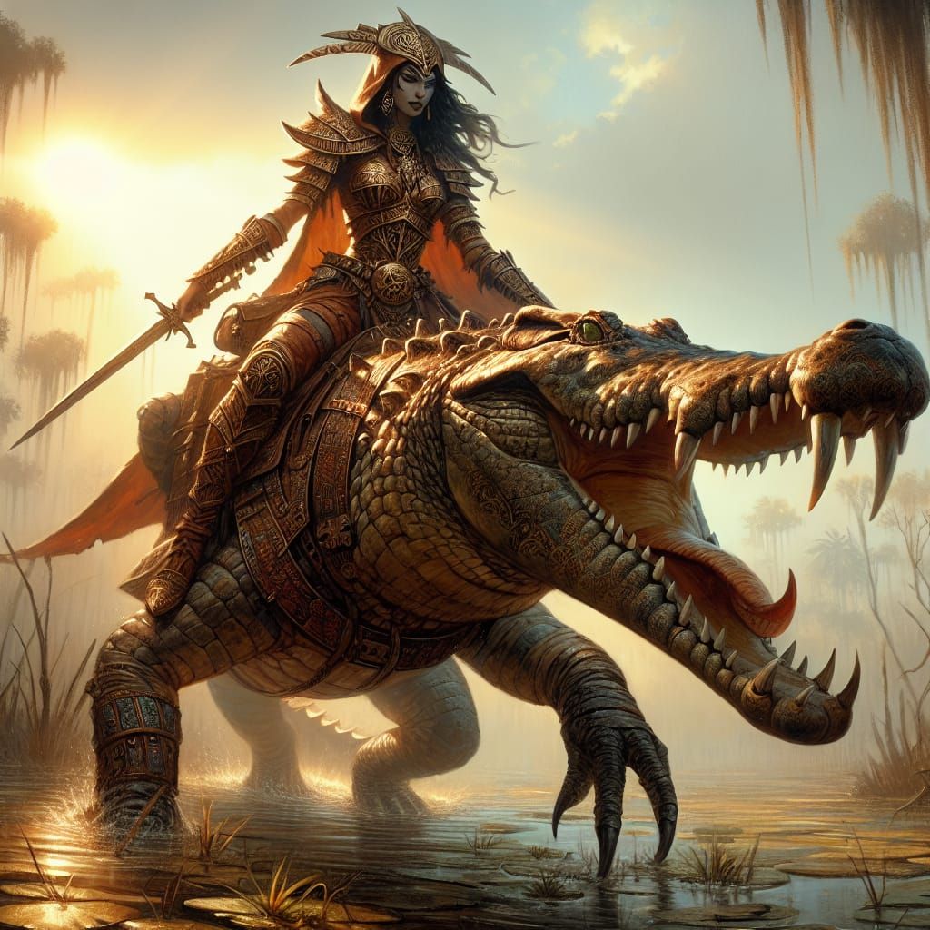 Regal Drow Warrior Rides Crocodile into Golden Hour Battle