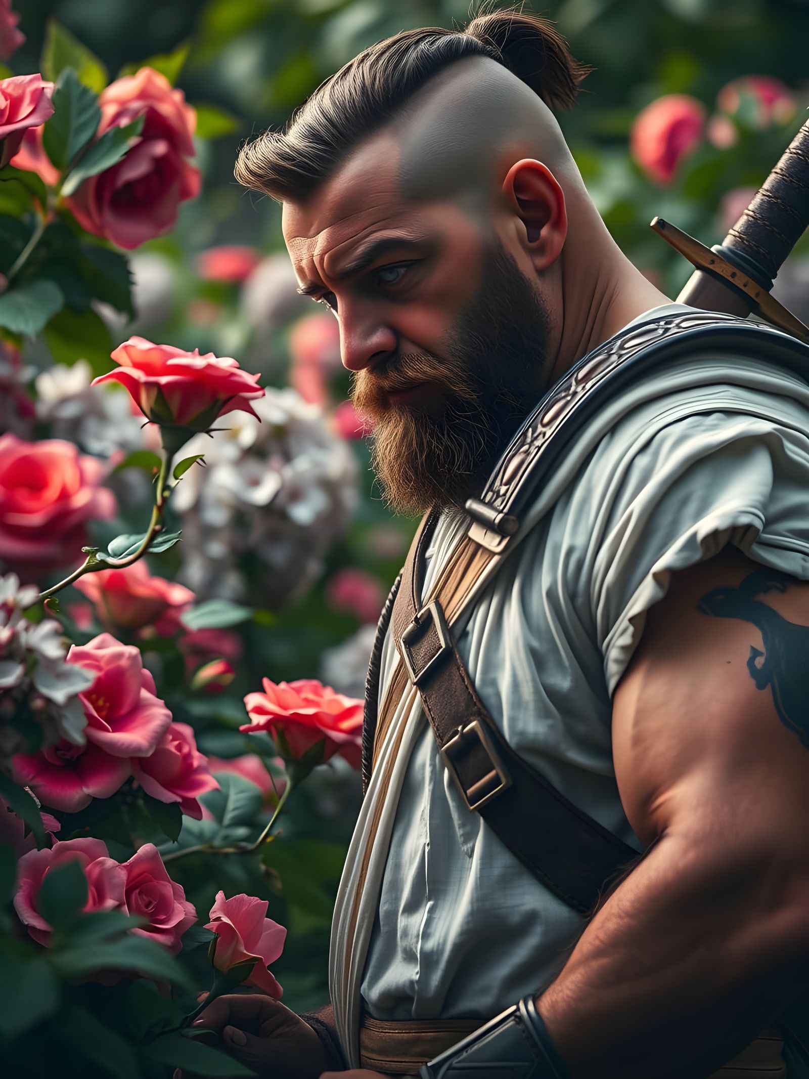 Battle-Scarred Warrior Finds Solace in Vibrant Garden