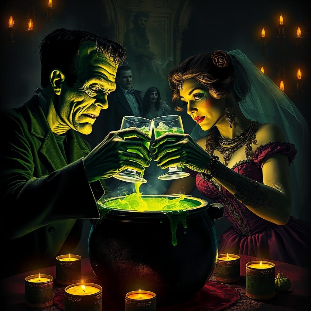 Frankenstein and Bride Toast at Halloween Party