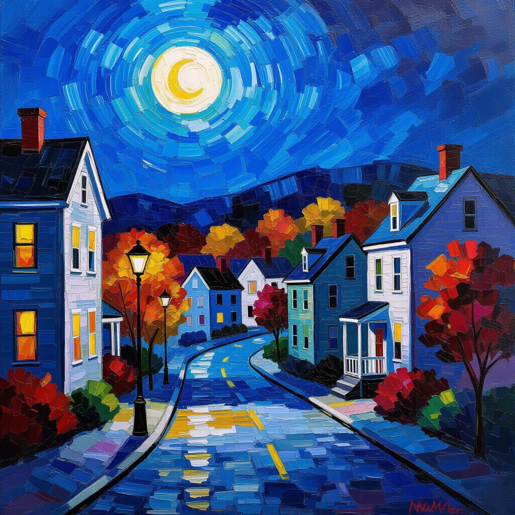 Moonlit Autumn New England Townscape in Neo-Impressionist St...