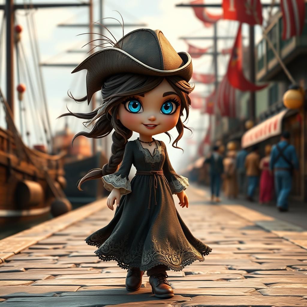Confident Chibi Woman in Port, 3D Render