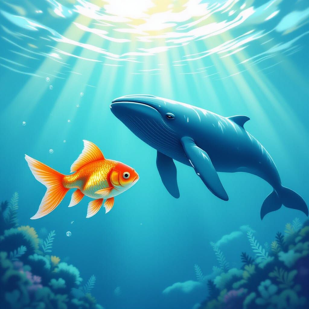 Goldfish and Whale: Surreal Underwater Friendship