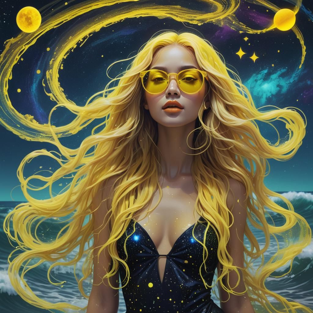 Cosmic Woman Portrait with Neon Accents and Ocean Portal