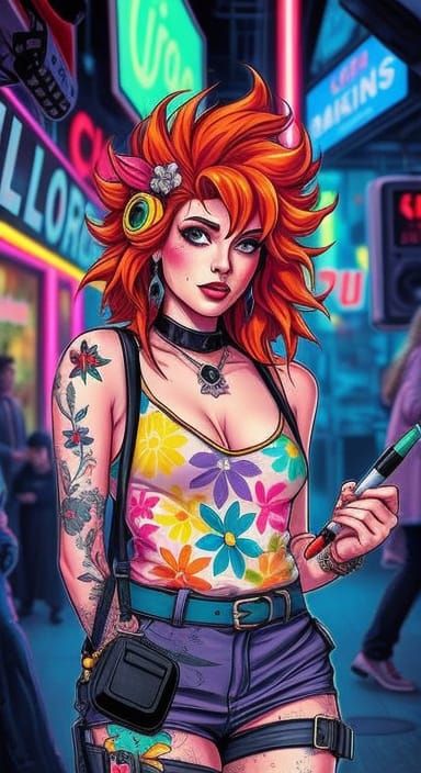 Fiery Woman with Ink Markers in Neon City