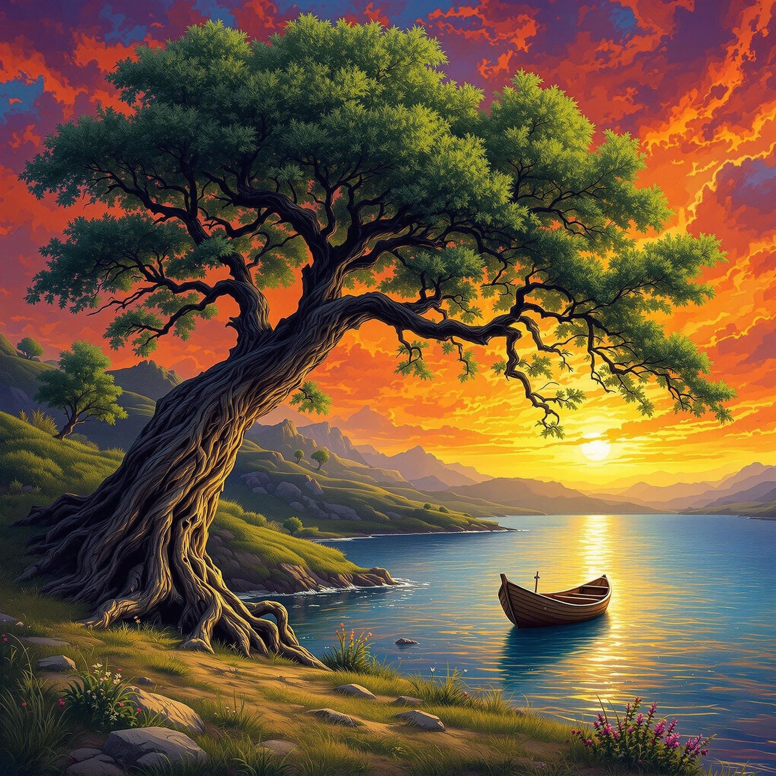 Serene River Scene with Majestic Tree and Sunset