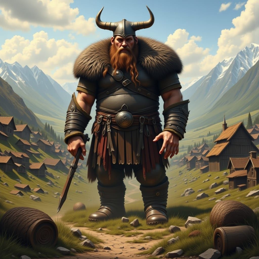 Giant Viking Warrior Standing Over Small Village