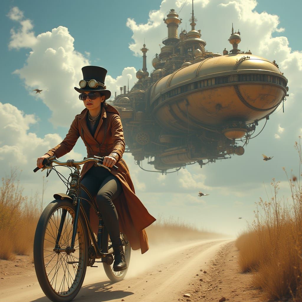 Steampunk Lady on Bicycle Under Spaceship in Detailed Concep...