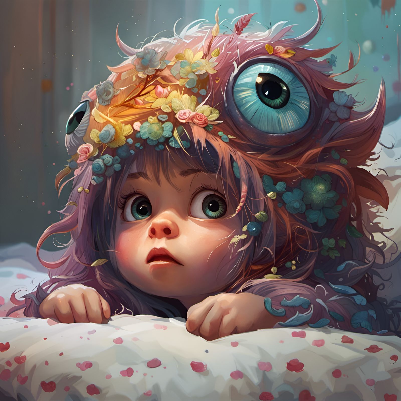 Sad Big-Eyed Baby Monster in Bed, Pixar Style