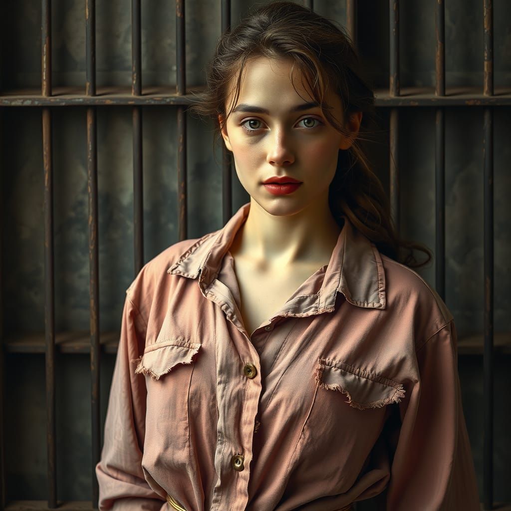 Woman in Faded Prison Uniform with Soft Watercolor Lighting