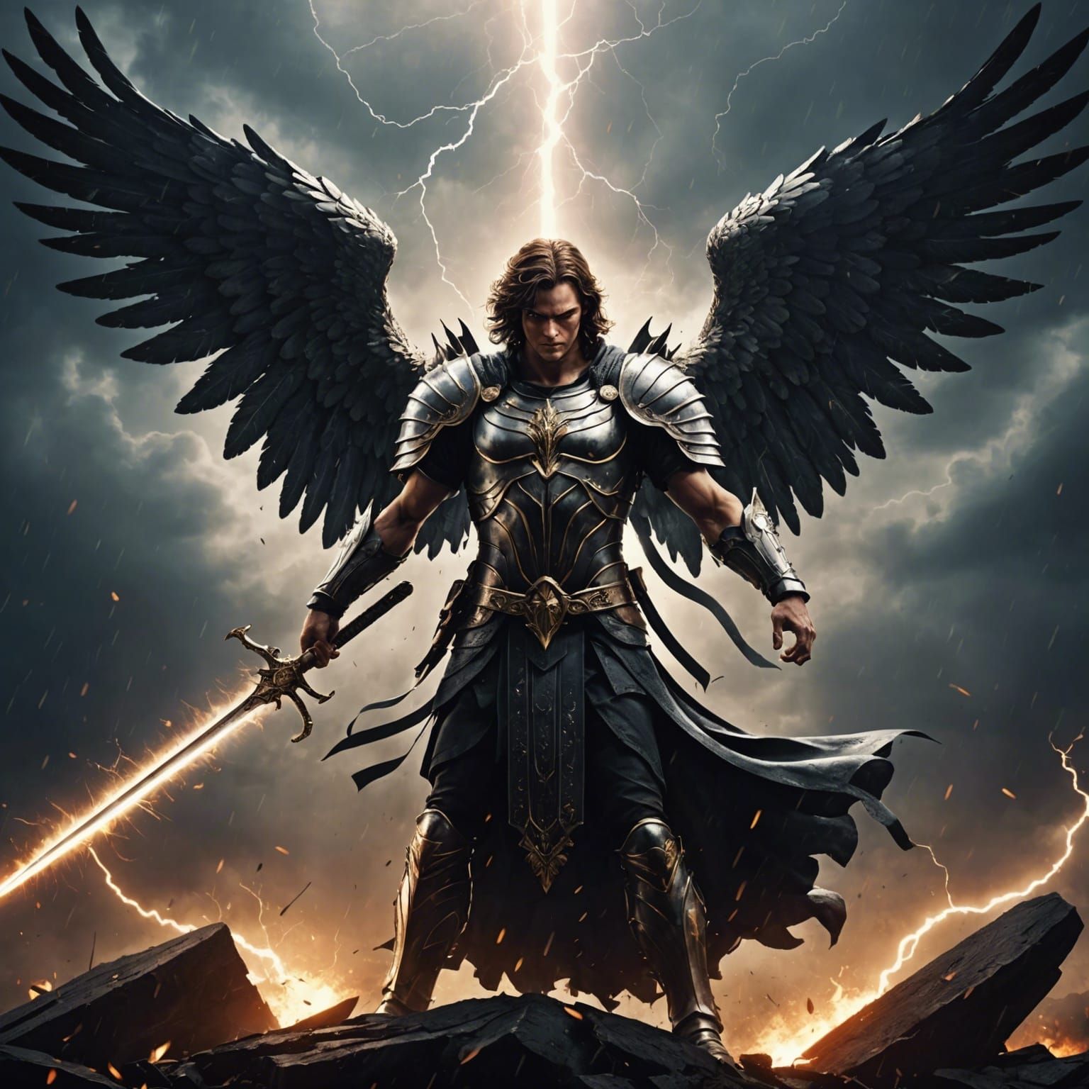 Michael the Archangel Banishes Satan in Splatter Paint Style