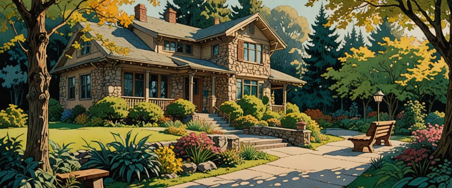 Mid-Century Modern Home in Comic Book Watercolor Style