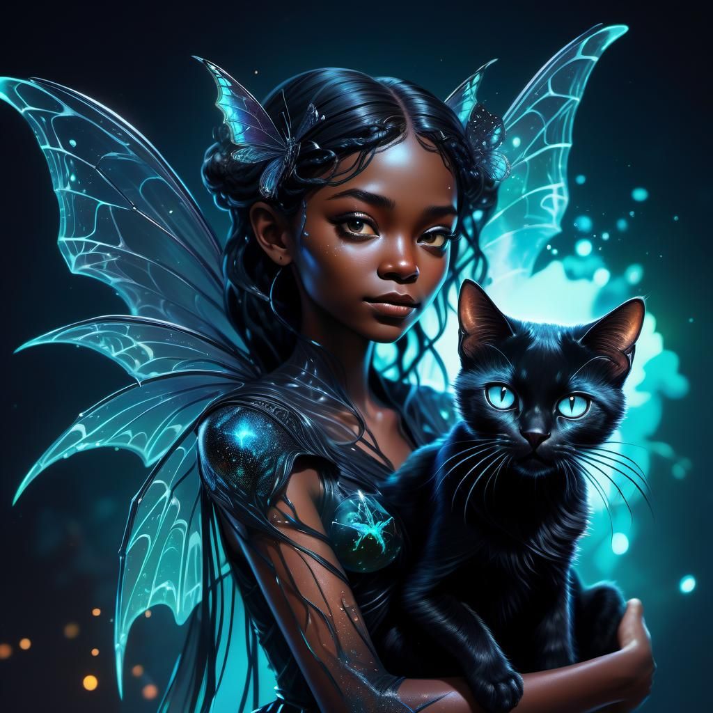 Bioluminescent Fairy with Black Cat in Splash Art Style