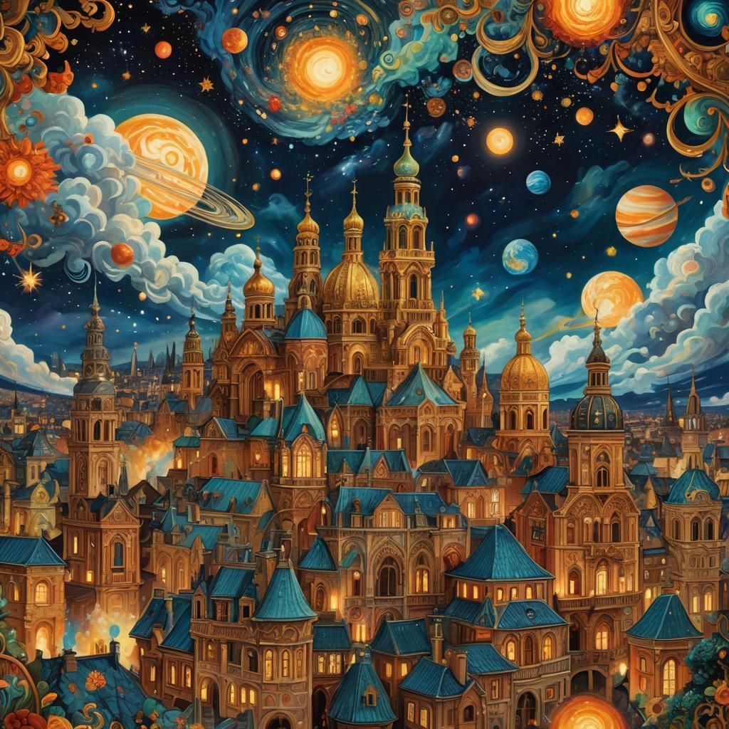 Ornate Cityscape Under Celestial Explosion in Baroque Style