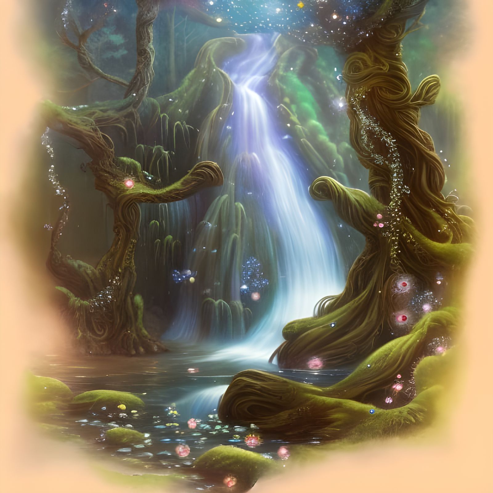Magical Forest Waterfall in Rococo Storybook Style