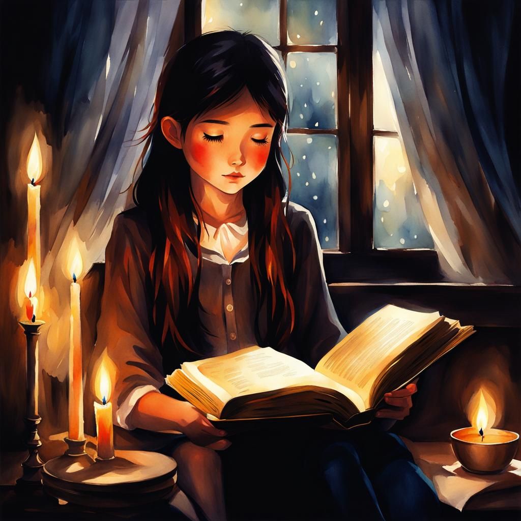 Anime Girl Reading by Candlelight Watercolor