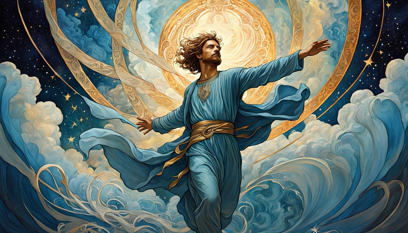 Man Ascends Towards Luminous Horizon in Cosmic Art Nouveau S...