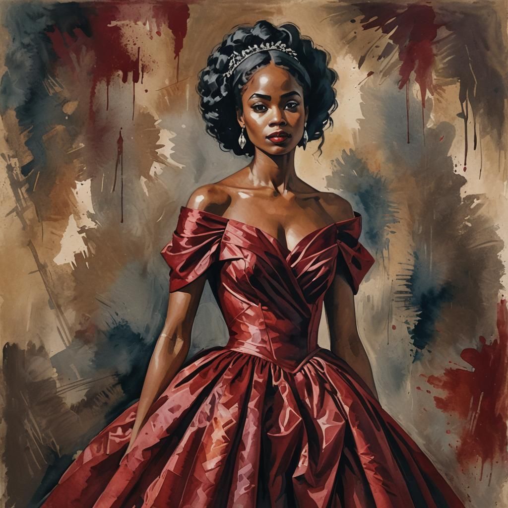 African American Girl in Red Ballgown, Gouache Style