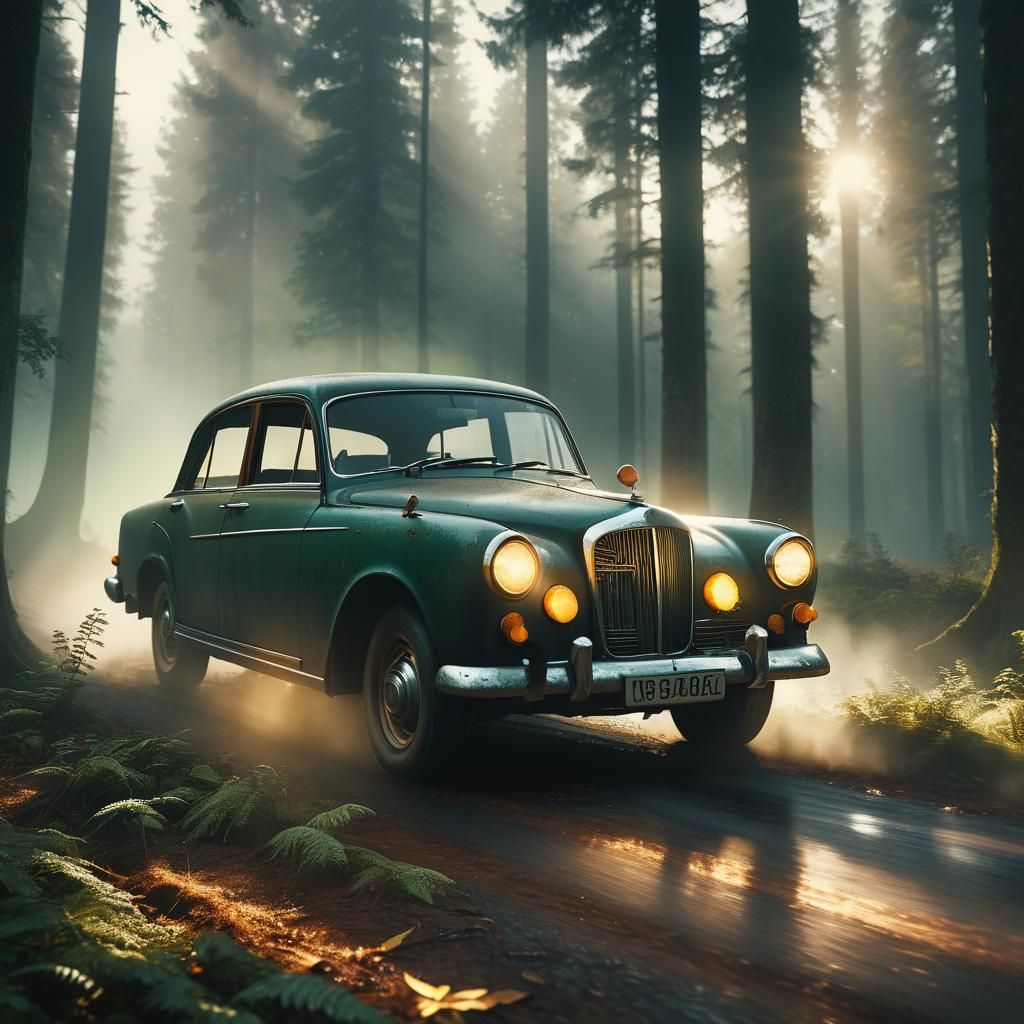 Old Car Speeding Through Misty Forest in 3D