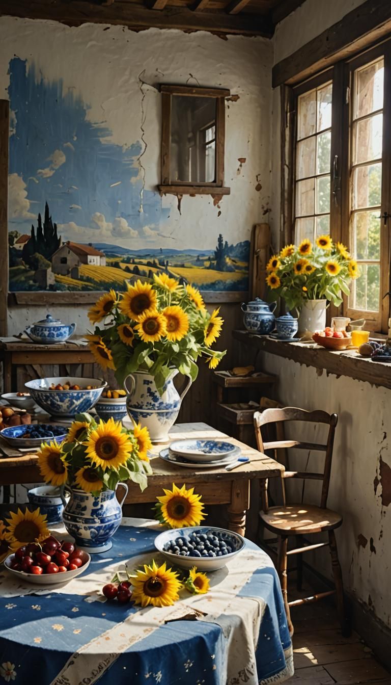 Sunflowers in Delft Blue: Hyperrealistic Still Life