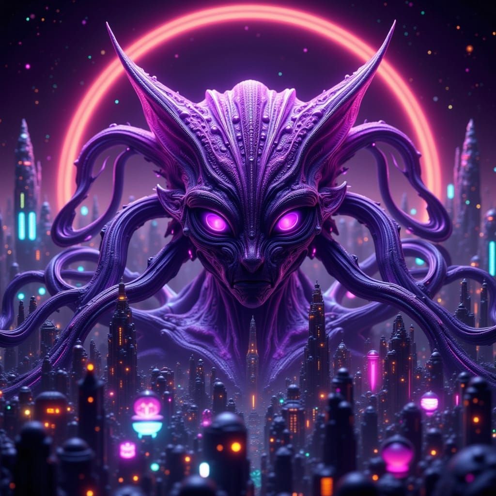 Alien Feline Queen in Futuristic Cityscape with Glowing Tent...