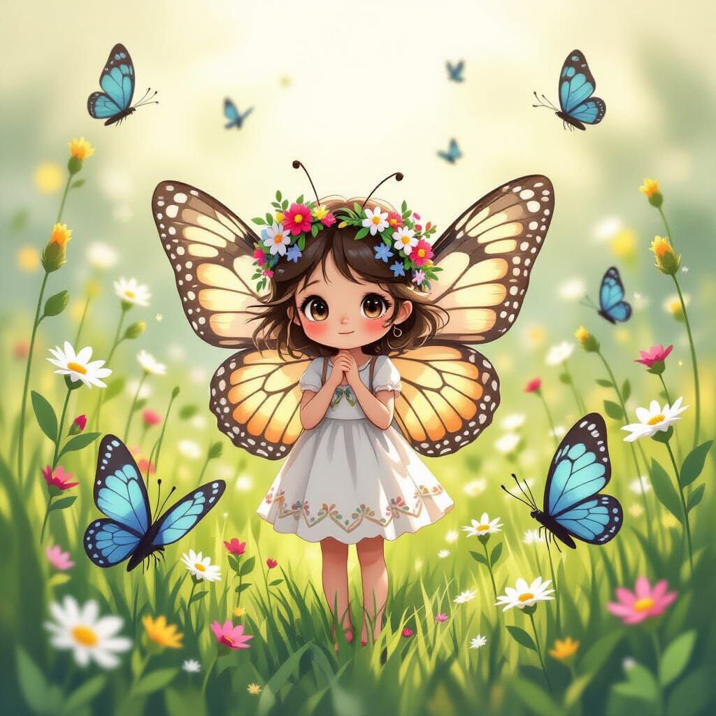 Shy Butterfly in Meadow: Whimsical Illustration