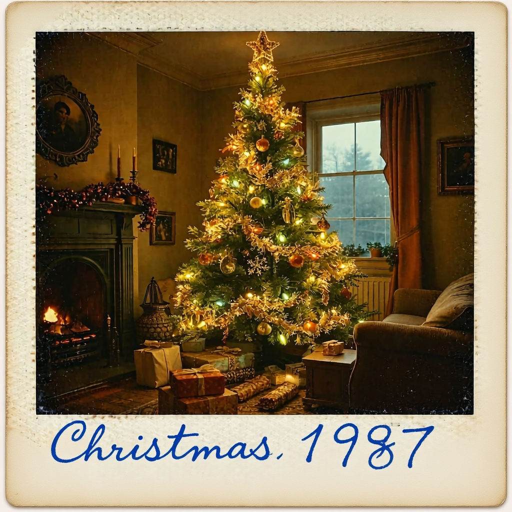 X-Ray Art of Old-Fashioned Christmas Tree in Warm Living Roo...