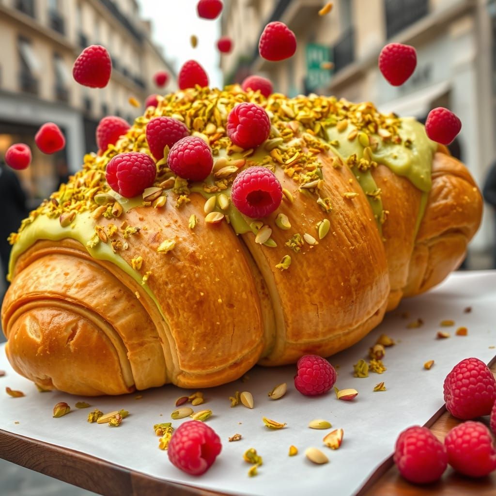 Parisian Pistachio Croissant Delight in a Whimsical Street S...