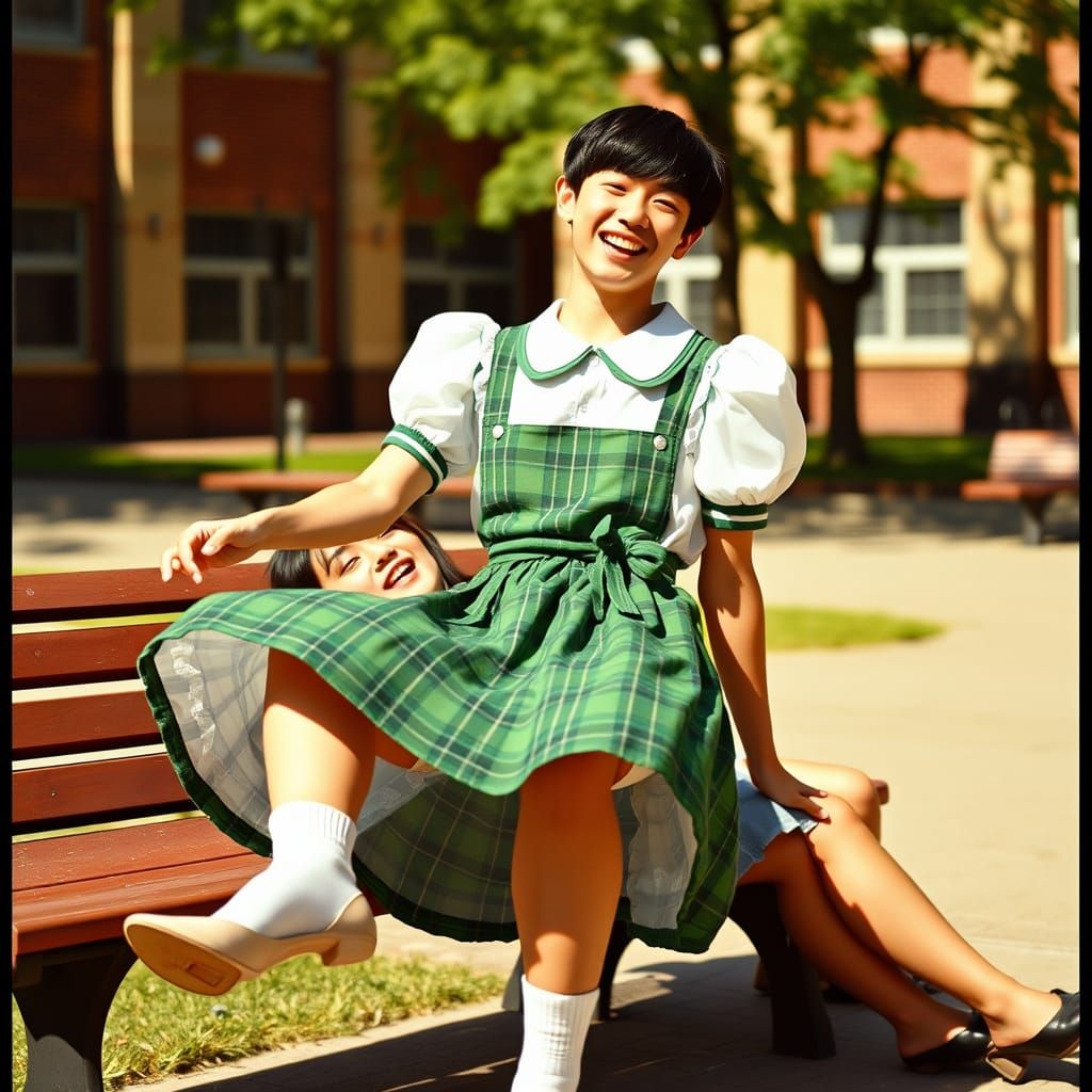 Elegant Young Man in Vibrant Pinafore Dress