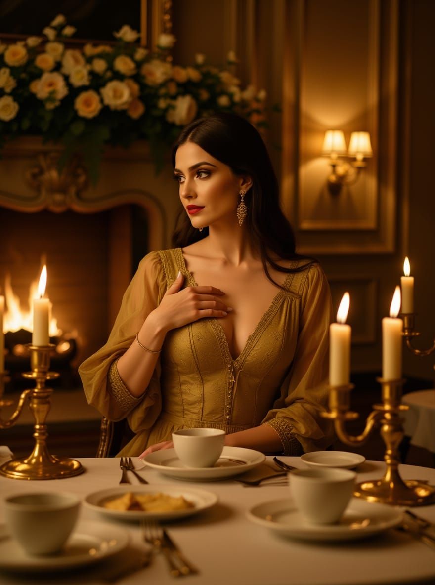 Opulent Banquet: A Woman's Knowing Gaze in Candlelight