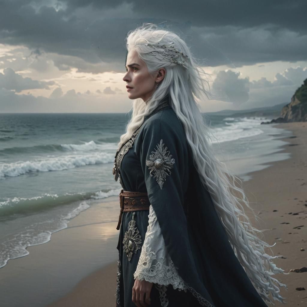 Woman with White Hair Gazing at Sea