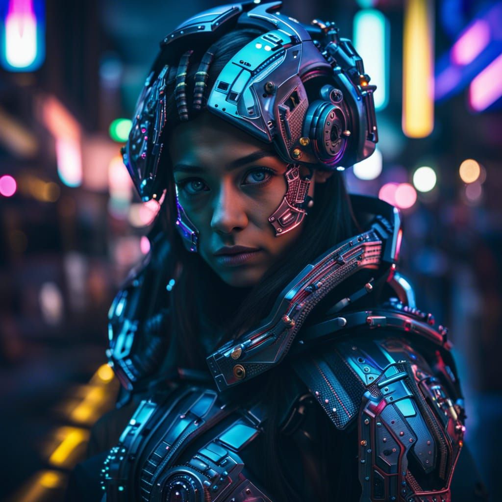 Cyborg Girl Portrait in Neon Cityscape